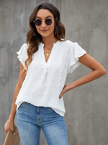 Blooming Jelly Womens White Blouse V Neck Ruffle Sleeve Flowy Shirts Dressy Casual Cute Summer Tops(X-Large, White) - Image 2