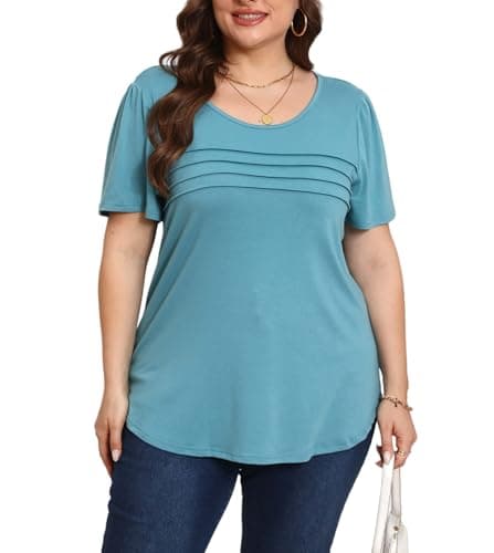 Plus Size T Shirts for Women Summer Short Flare Sleeve Pleated Dressy Casual Scooped Neck Summer Tops Blouses 3X Turquoise - Image 1