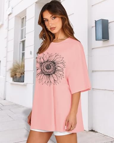 Womens Oversized Tshirt Graphic Tees Crew Neck Summer Short Sleeve Loose Fit Tops（Pink Sunflower, 3XL） - Image 3