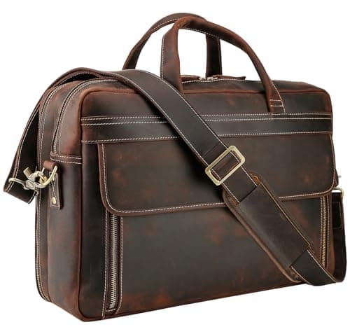 Masa Kawa Vintage Leather Briefcase for Men 17 Inch Laptop Computer Brief Case Business Travel Work Messenger Cross Body Shoulder Bags, Brown - Image 1