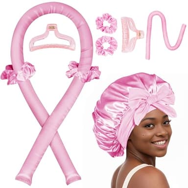 Heatless Hair Curler,Blowout Heatless Curls Overnight,No Heat Curling Rod Set with Satin Bonnet for Sleep in,Pink - Image 1