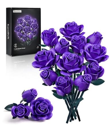 iATOM Purple Rose Bouquet Building Set, Artificial Flowers Botanical Collection for Adults Women, Gift for Halloween & Valentines Day - Gothic Home Office Table Centerpiece Decor - IA11017 - Image 1