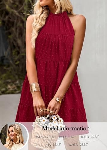 KIRUNDO Womens Summer Dresses 2025 Casual Halter Sundress Sleeveless Flowy Mini Babydoll Tiered Pleated Beach Dress(Dot-Wine Red, Large) - Image 2