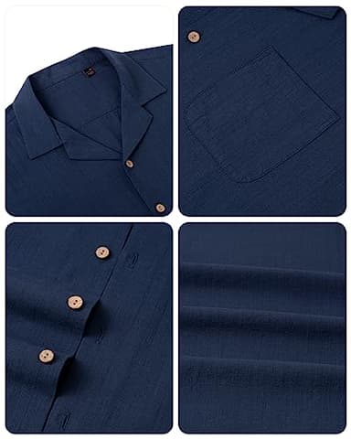 Alimens & Gentle Mens Linen Shirt Cuban Short Sleeve Button Down Shirts Cotton Summer Beach Shirts Vacation Hawaiian Shirts Navy Blue - Image 5