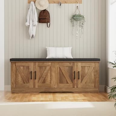 HOMSHO 2-Tier Storage Bench, 47.2" Wide Shoe Bench with Padded Seat Cushion, Entryway Bench with 4 Barn Doors and Adjustable Shelf, Rustic Walnut - Image 6