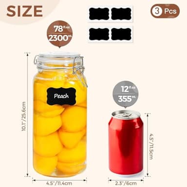 ComSaf Airtight Glass Jars with Lids 78oz Set of 3, Food Storage Canister Square - Storage Container with Clear Preserving Seal Wire Clip Fastening for Kitchen Canning Flour, Cereal, Pasta, Beans - Image 2