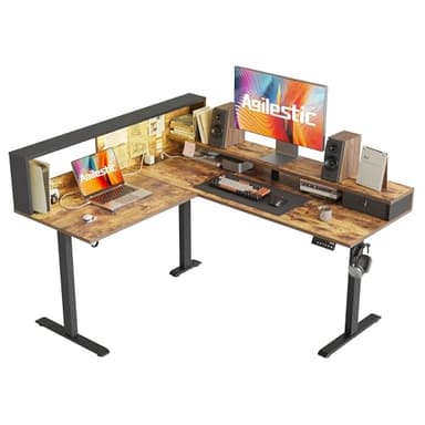 Agilestic L-Shaped Electric Standing Desk, 63x55 Inch Ergonomic Adjustable Height Desk with Storage, Stand Up Corner Desk Sit Stand Computer Table Power Outlet & LED Lights, Office Table, Rustic Brown - Image 1