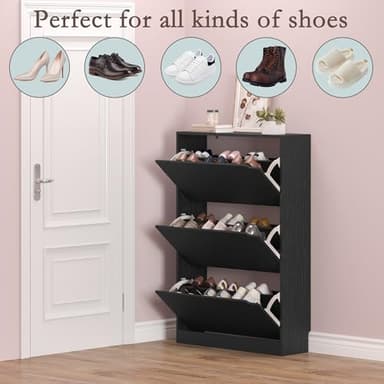 BORNOON Shoe Storage Cabinet with 3 Flip Drawers,Narrow Shoe Rack Cabinet,Freestanding Organizer Storage for Entryway, Hallway, Black - Image 4