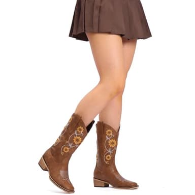 Bybmorto Tan Cowboy Boots for Women - Mid Calf Western Sunflower Cowgirl Boots with Floral Embroidery, Square Toe Stitched Pull On Retro Design, Perfect for Country Idyll, Concerts and More Size 8 - Image 5