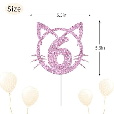 YHEZXUN Cat 6 Cake Topper, Six Birthday Cake Decoration, Pet Cat Kitty Theme 6 Years Old Cake Topper Pink Glitter Cute Party Supplies - Image 2