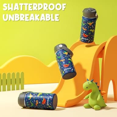 Fimibuke Kids Insulated Water Bottle, 14oz BPA FREE Double Wall Vacuum Tumbler 18/8 Stainless Steel Leak Proof Kids Cups with Straw Metal Bottles for School Boys Girls (2 Pack, Trucks/Green Dinosaur) - Image 4