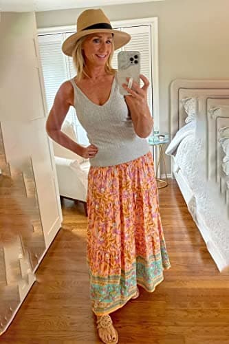 CFLONGE Women's 2025 Bohemian Long Skirts Flowy High Waist A Line Maxi Skirts for Women Summer(Pink,Medium) - Image 2