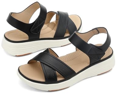 UBFEN Womens Platform Sandals Comfortable Lightweight Walking Ankle Strap Casual Low Wedge Sandals Aa Black Women US 7.5 - Image 2