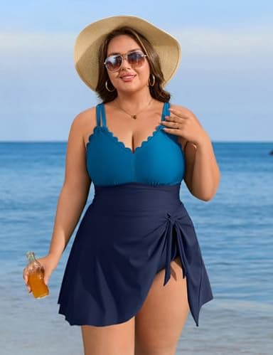 Charmo Women Plus Size Swim Dress Swimsuit Scallop Trim One Piece Tummy Control Bathing Suits Modest Tie Knot Swim Suits Navy Blue 1X - Image 7
