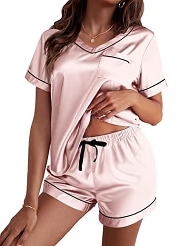 Ekouaer Silk Pajama for Women Short Sleeve Satin Pj Set Two Piece Soft Sleepwear Loungewear Casual Pjs for Summer Light Pink Medium - Image 1