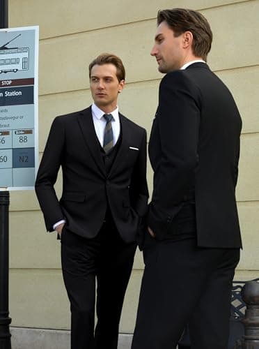 WULFUL Men’s Slim Fit Suit One Button 3-Piece Blazer Dress Business Wedding Party Jacket Vest & Pant Black - Image 3