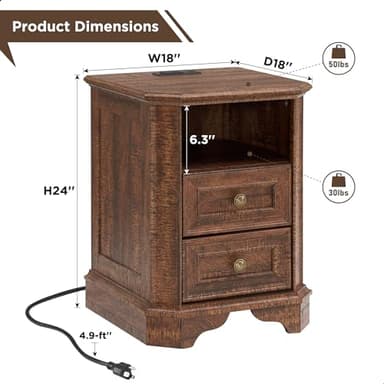 T4TREAM Farmhouse Nightstand with Charging Station, 18" End Table with 2 Drawers, Wood Side Table, Bedside Cabinet for Bedroom, Living Room (Brown) - Image 2