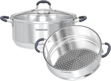 SUNHOUSE - 5.5 Quart Steamer Pots With Lid 2-Tier Multipurpose Stainless Steel Steaming Pot Cookware With Handle For Vegetable, Dumpling, Sauce, Food - Triple Bottom, Measurement Line - Image 1