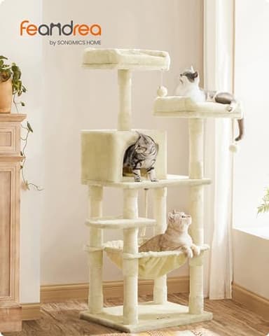Feandrea Cat Tree, 56.3-Inch Cat Tower for Indoor Cats, Multi-Level Cat Condo with 11 Scratching Posts, 2 Perches, Cave, Hammock, Beige UPCT15BE - Image 2