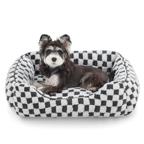 JOEJOY Dog Beds for Small Dogs -Cute Cat Beds for Indoor Cats Calming Pet Beds, Rectangle Orthopedic Cuddle Puppy Bed with Jacquard Shaggy Plush & Anti Slip Bottom, 20x19x6inches, Grey - Image 1