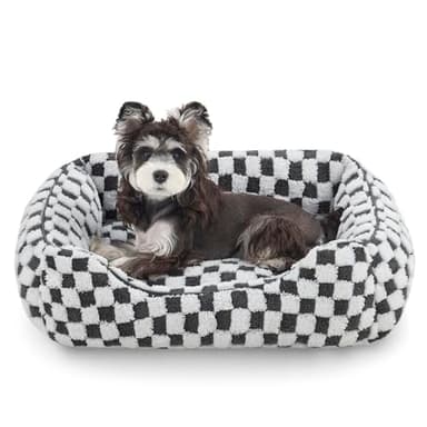 JOEJOY Dog Beds for Small Dogs -Cute Cat Beds for Indoor Cats Calming Pet Beds, Rectangle Orthopedic Cuddle Puppy Bed with Jacquard Shaggy Plush & Anti Slip Bottom, 20x19x6inches, Grey - Image 1