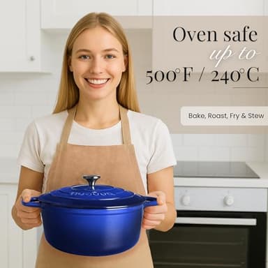 Nuovva Enamelled Cast Iron Dutch Oven Pot with Lid – 6.4 Quart Non Stick Casserole Pot – Heavy Duty & Oven Safe up to 500° F for Bread Baking, Braising, Stews, Roasting – 28cm Dark Blue - Image 6