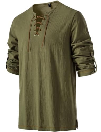 JEMITOP Men's Renaissance Costume Retro Lace Up Shirts for Pirate Viking Medieval Vampire Halloween Cosplay Without Belt Army Green XXL - Image 3