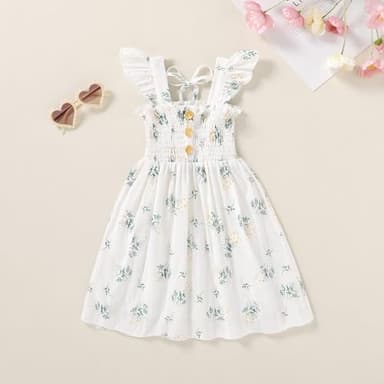 JEELLIGULAR Toddler Dress Ruffle Sleeveless Button Down Denim Dress for Toddler Girl Dress Summer Beach Casual A-line Sundress(White Retro Floral Pattern,3-4T) - Image 2