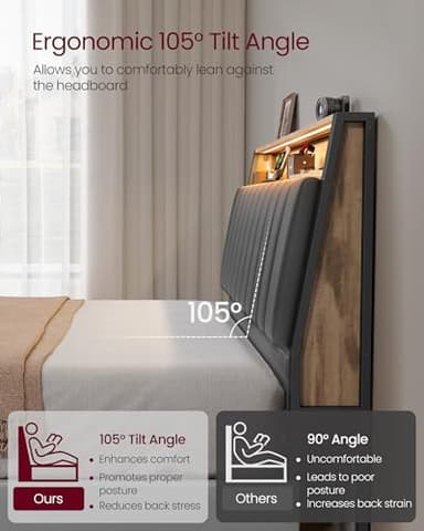 VASAGLE LED Bed Frame Queen Size, Storage Headboard and Charging Station, Queen Bed Frame with 2 AC Outlets, 1 USB Port, 1 Type-C Port, No Box Spring Needed, Dove Gray and Camel Brown URMB841G01 - Image 7