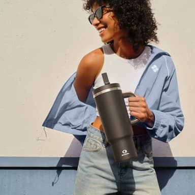 40 oz Tumbler with Handle and Straw: Stainless Steel Insulated Tumbler Keeps Cold for 24 Hours, Leakproof Travel Cup Fits in Cup Holder and BPA-Free, Black Night - Image 2