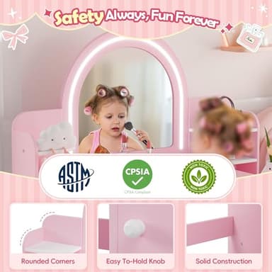 MU Kids Vanity with Lights, Princess Makeup Vanity Desk with Open Bookshelf, Storage Cabinet & Shelves, 2 in 1 Toddler Vanity Table & Chair Set with Lighted Mirror for Little Girls, Pink - Image 5