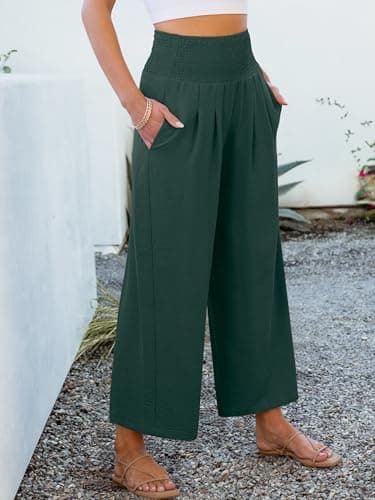 ANRABESS Womens Pants Wide Leg High Waisted Palazzo Pants Summer Flowy Beach Lounge Casual Trousers with Pockets Dark Green Medium - Image 6