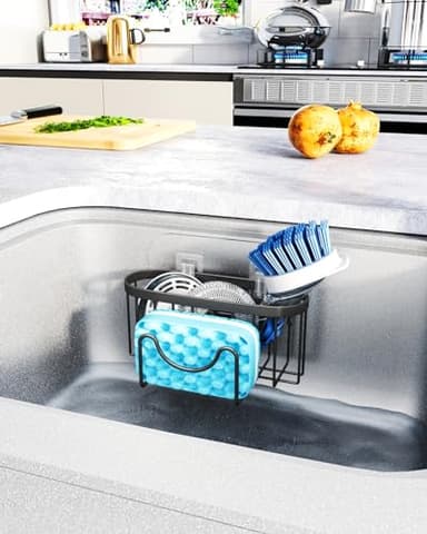 HapiRm Multifunctional Sponge Holder with Unique M-Shaped, 2 Installation Methods Kitchen Sink Caddy Organizer, Rustproof Stainless Steel Sponge Caddy for Brush, Sink Stopper and Scraper -Black - Image 7