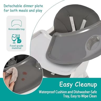 Convertible Baby 6-in-1 High Chair, for Children 6-36 Months with Safety Harness, Removable Tray & PU Cushion, Gray - Image 5