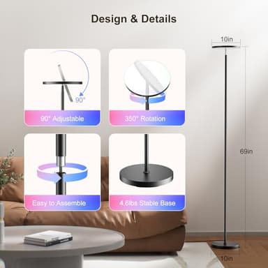 FULSUNT RGB Torchiere Floor Lamps for Living Room, 32W/3200LM Bright LED Standing Lamp with Remote, Modern Color Changing Tall Lamp with Stepless Dimming, 69" Corner Floor Lamp for Bedroom, Office - Image 7