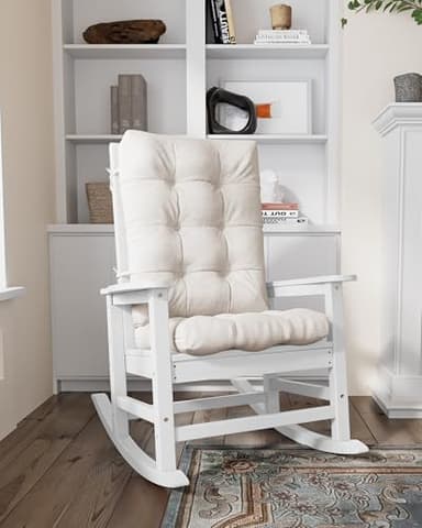 SERWALL Oversized Outdoor Rocking Chair, HDPE Rocker with Cushion, Patio Rocking Chairs for Porch, White Chair+Beige Cushion - Image 1