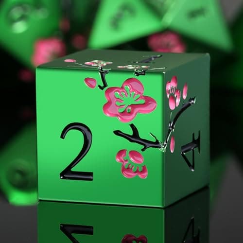 Matt Green Metal Dice Set, DNDND 7 PCS Heavy Metallic D&D Dice Set with Gorgeous Gift Case for Dungeons and Dragon Tabletop Game (Matte Green with Pink Flower) - Image 1