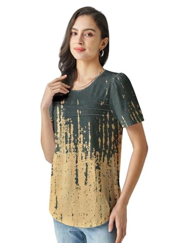 Women's Cute Spring Summer Tops Casual Trendy 2025 Short Puff Sleeve Shirts for Women Floral Apricot L - Image 3