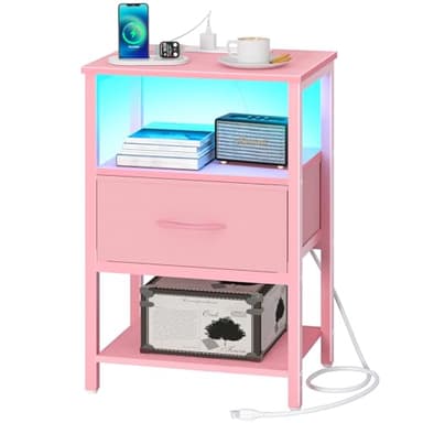 Yoobure Pink Night Stand with Charging Station, LED Nightstand for Bedroom, Bedside Tables with Adjustable Fabric Drawer, 3-Tier End Table Living Room, Small Side Table with Storage - Image 1