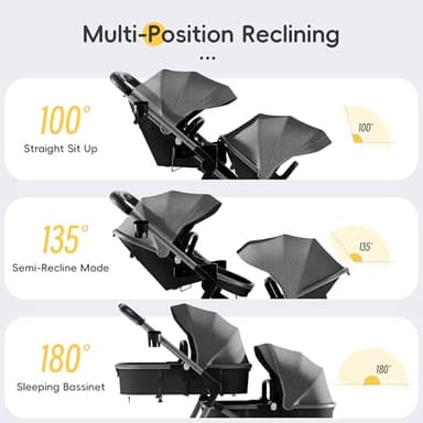 MU Double Stroller, Foldable Twin Tandem Stroller with Adjustable Backrest, Reversible Seat, 5-Point Harness, Storage Basket, Convertible Baby Bassinet for Infant and Toddler, Gray - Image 3