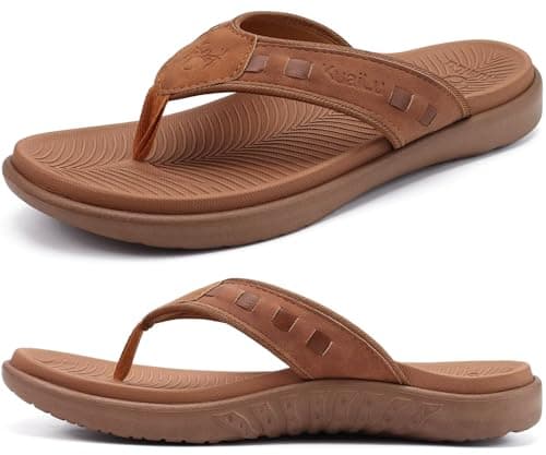 KuaiLu Mens Leather Sport Flip Flops Comfort Orthotic Thong Sandals with Plantar Fasciitis Arch Support for Outdoor Summer - Image 1