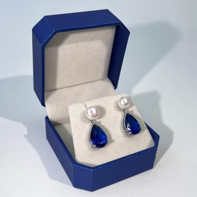 YAMI Pearl Earrings for Women, 925 Sterling Silver Birthstone Teardrop Stud Dangle Earrings, Created Sapphire Pear Shaped Zircon Gem Drop Earrings, 8-8.5MM Freshwater Cultured Pearl Jewelry - Image 6