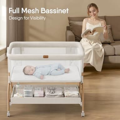 Baby Bassinet Bedside Crib, 3-in-1 Baby Bassinet Bedside Sleeper with Mattress and Soft, Breathable Sheet, Full-Mesh Sides, 6-Height Adjustable, Stable and Secure Crib for Newborns - Image 3