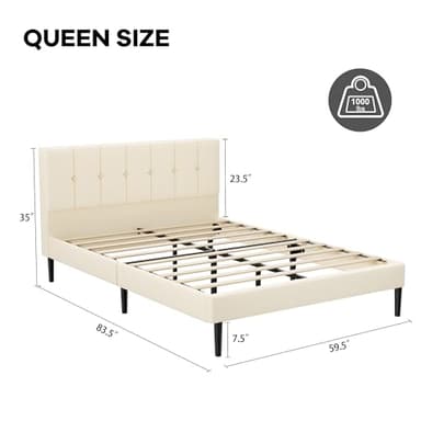 UNIZONE Queen Bed Frame with Button Tufted Headboard, Velvet Upholstered Platform Bed Frame, Mattress Foundation with Wooden Slat Support, Noise Free, No Box Spring Needed, Easy Assembly, Beige - Image 2