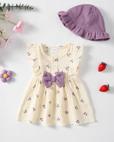 sweetabby 18 Months Girl Clothes Toddler Girl Dresses Linen Summer Outfit Girls White Grape Swing Dress Princess Ruffle Short Sleeve Sundress 18-24 Months - Image 2