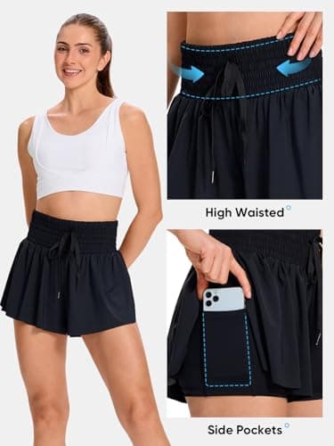 Flowy Womens Athletic Shorts High Waisted Gym Yoga Workout Running Butterfly Tennis Sports Active Wear Skorts Skirts with Pockets Spandex Sweat Pants Cute Lounge Trendy Clothes Casual Summer Black M - Image 4