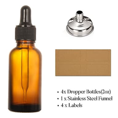4 Pack, 2 oz Bottles with Dropper & 1 Funnel & 4 Labels - Essential Oils Bottles for Health, Personal Care & Beauty - 60ml Thick Dark Amber Glass Tincture Bottles, Refillable Cosmetic Containers - Image 3