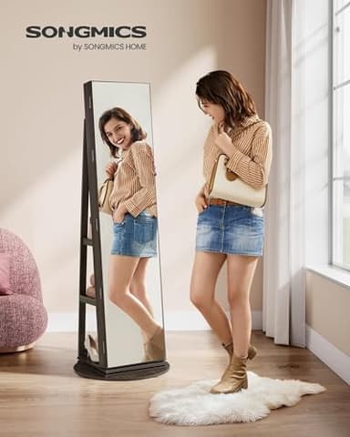 SONGMICS 6 LEDs Lockable Mirror Jewelry Cabinet, 360° Swivel Jewelry Organizer Armoire Standing, Frameless Full-Length Mirror, 3 Storage Shelves, Ash Brown Surface, Black Lining UJJC007K02 - Image 2