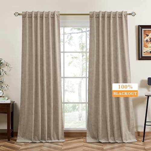 RYB HOME 100% Blackout Velvet Curtains for Living Room, Light Blocking Nursery Curtains 96 inches Long 2 Panels, Back Tab Thermal Insulated Window Drapes for Bedroom, Camel Beige, 52W x 96L - Image 1