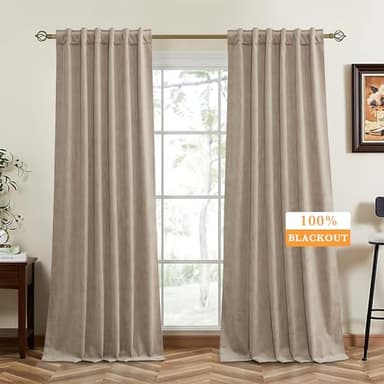 RYB HOME 100% Blackout Velvet Curtains for Living Room, Light Blocking Nursery Curtains 96 inches Long 2 Panels, Back Tab Thermal Insulated Window Drapes for Bedroom, Camel Beige, 52W x 96L - Image 1